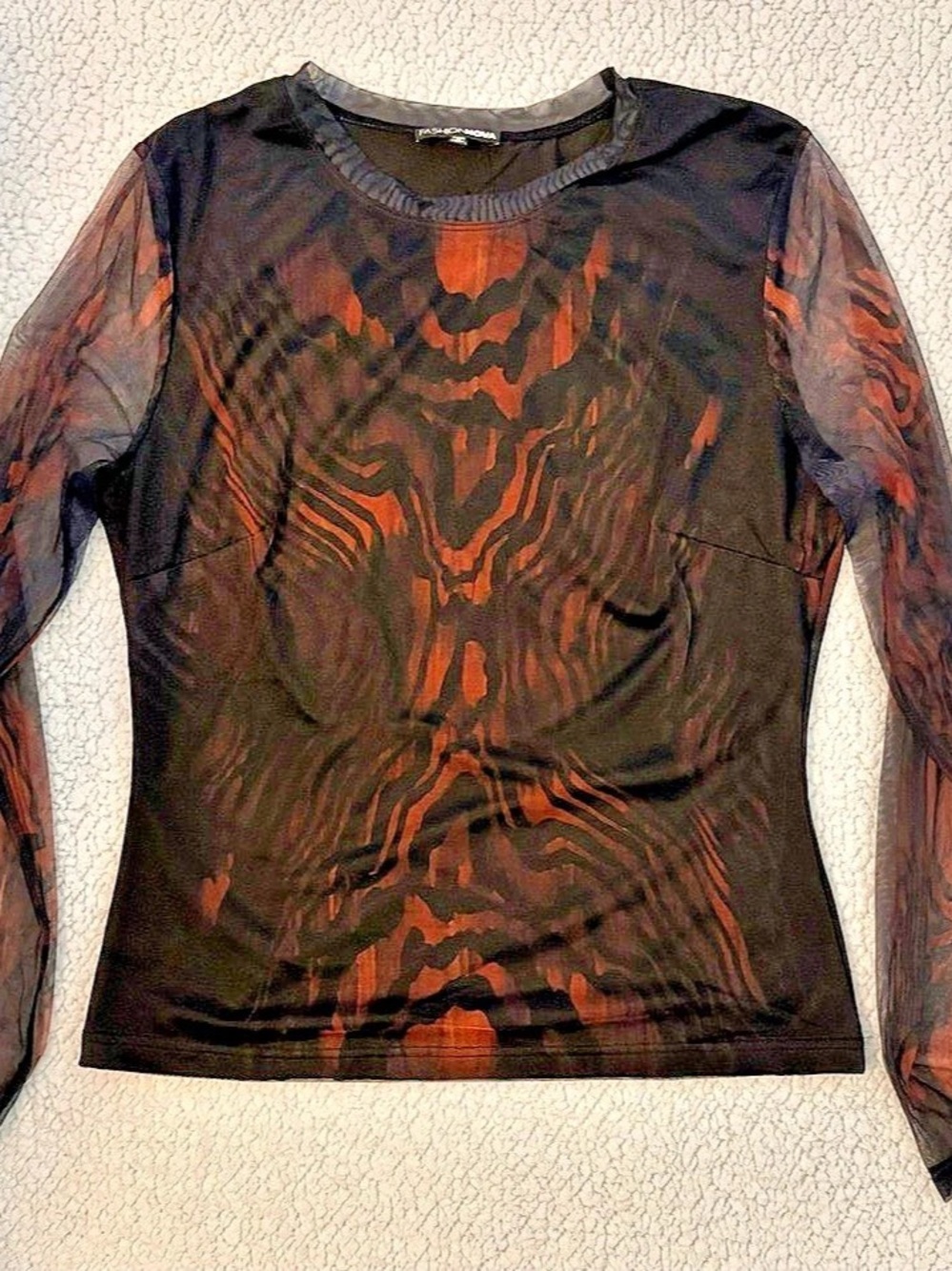 Fashion Nova Night Prowl Crew Neck Long Sleeve Mesh Top Black & Brown